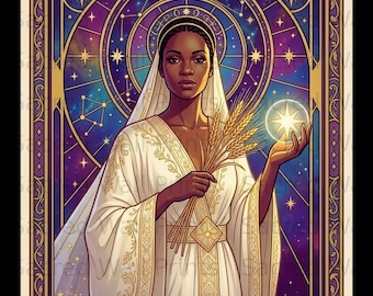 May include: A rectangular wall print featuring a Virgo tarot card design. A figure in a white robe holds wheat stalks and a glowing star. The background displays a purple and blue cosmic sky with constellations, framed by gold borders and text.