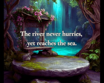 May include: A digital art print featuring a stone platform and a wooden structure adorned with pink flowers, set before a glowing turquoise waterfall. The text reads: The river never hurries, yet reaches the sea. The scene is framed by dark, gnarled trees.