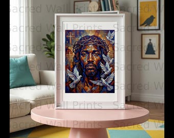 Modern Jesus Wall Art, Geometric Christ Portrait Print, Abstract Christian Decor (Digital Download)