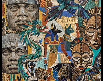 Ancient Civilizations Collage Print, Olmec Egyptian Aztec African Masks (Digital Download)