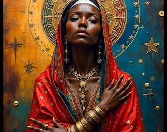Black Queen Wall Art, African Goddess Halo Poster, Celestial Spiritual Decor, Sacred Womanhood Gift