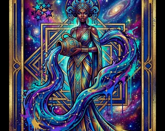 May include: A rectangular wall art print featuring the word AQUARIUS at the top and STAY DETACHED at the bottom. The central figure is a person pouring water from a jug, surrounded by a vibrant cosmic galaxy background with blue, purple, and gold accents.