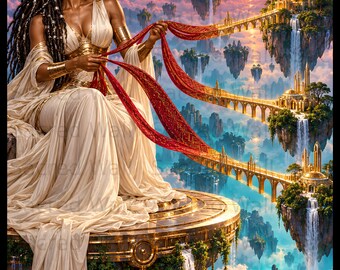 Black Goddess Wall Art, Afro Fantasy Floating Islands Canvas Print, Mythological Divine Feminine Decor, Ethereal Celestial Fantasy Poster