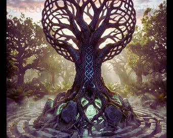 May include: A digital art print featuring a large tree with an intricate, interwoven branch canopy and a trunk decorated with Celtic knotwork. The tree roots emerge from a stone labyrinth base with glowing triskelion symbols on stone blocks.