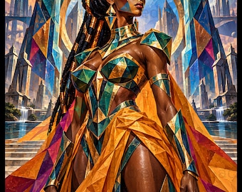 Afrofuturism Black Queen Wall Art, Geometric African Goddess Poster, Modern Sci-Fi Fantasy Canvas Print, Melanin Regal Woman Home Decor