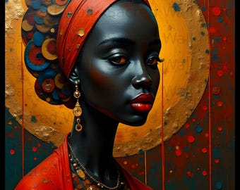 African Queen Portrait Print: Faux Gold Foil, Vibrant Afrocentric Wall Art (Digital Download)