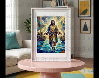 Jesus Walking on Water Cubist Art Print | Vibrant Religious Scene (Digital Download)