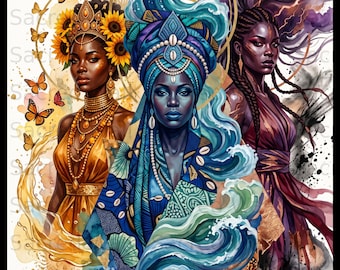 African Goddess Wall Art, Oshun Yemaya Oya Print, Afrocentric Boho Home Decor (Digital Download)