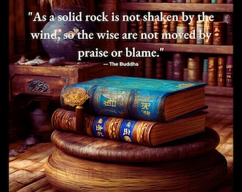 May include: Two stacked books with blue and brown covers rest on a large wooden base. The top book features gold accents and a tassel. The text reads: "As a solid rock is not shaken by the wind, so the wise are not moved by praise or blame." — The Buddha.