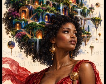 Afro Fantasy Goddess Wall Art, Surreal Black Queen Poster, Ethereal Hanging Gardens Portrait Print, Majestic Mythological Home Decor
