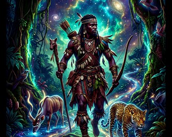 May include: A dark-skinned warrior with braided hair stands in a glowing forest, wearing leather garments, a headband, and necklaces. They carry a bow, a quiver of arrows, and a staff. A spotted leopard and an antelope walk nearby.