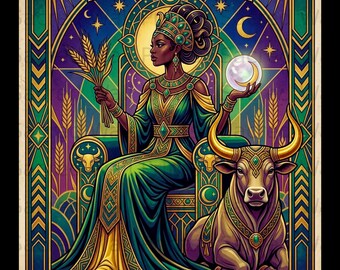 May include: A rectangular art print featuring the word TAURUS at the top and SOFT LIFE at the bottom. A figure in a green and gold gown sits on a throne holding wheat and a glowing orb, with a bull resting beside them in a purple and green setting.