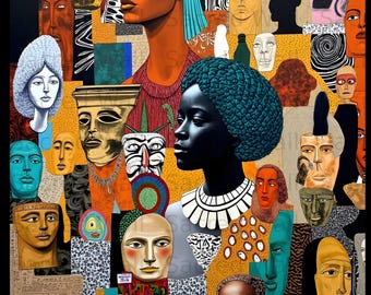 Afrocentric Collage Portrait Print, Maximalist Cultural Artwork (Digital Download)