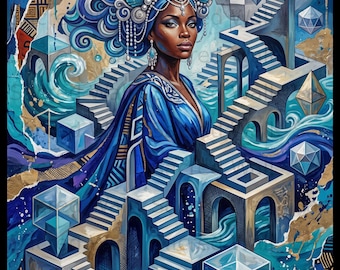 Afrocentric Surrealist Wall Art, Black Goddess Art Print, Ocean Deity Poster, Sacred Geometry Illusion, Celestial Fantasy Home Decor
