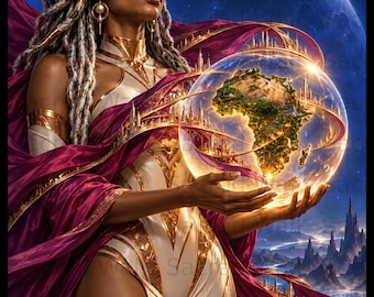 Afrofuturism Wall Art, Black Goddess African Queen Poster, Celestial Sci-Fi Fantasy Print, Melanin Divine Feminine Living Room Decor