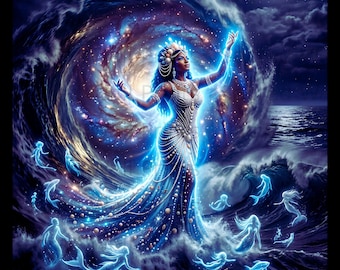 May include: A digital illustration of a dark-skinned figure in a pearl-adorned gown standing amidst ocean waves. A swirling galaxy vortex forms the background behind the figure, with glowing blue mermaids and fish swimming in the dark water.