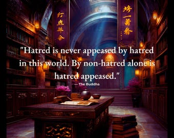 May include: A library interior featuring a large wooden desk with books and a bowl, flanked by two purple banners with gold Chinese characters. The text reads: "Hatred is never appeased by hatred in this world. By non-hatred alone is hatred appeased." - The Buddha.