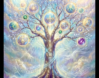 May include: A digital art print featuring a central tree with glowing white symbols carved into its brown trunk. The branches hold numerous luminous, colorful orbs containing various intricate patterns and structures against a soft, cloudy sky.