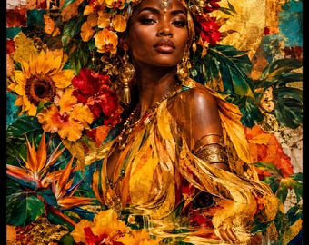 Black Woman Wall Art African Goddess Art, Tropical Botanical Queen Poster, Faux Gold Floral Portrait, Afrocentric Home Decor Gift