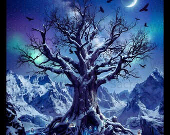 May include: A digital illustration of a large, snow-covered tree centered in a mountainous landscape under a night sky with a crescent moon, stars, and aurora borealis. Several black birds fly above, and glowing runic stones surround the tree roots.