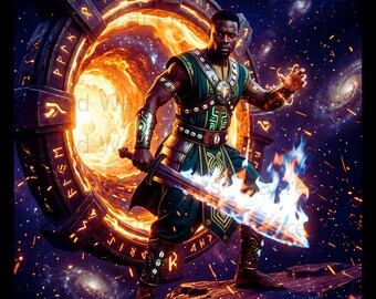 May include: A warrior in green and gold armor stands on a rocky ledge before a glowing circular portal with runic carvings. The warrior holds a sword engulfed in bright blue flames, with sparks flying against a backdrop of deep space and stars.