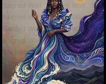 African Ocean Goddess Wall Art, Celestial Black Queen, Divine Feminine Print (Digital Download)