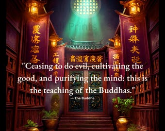 May include: A wall art print featuring a dark wooden interior with a central doorway, glowing lanterns, and purple banners with gold text. The text reads: Ceasing to do evil, cultivating the good, and purifying the mind: this is the teaching of the Buddhas.