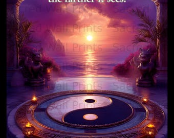 May include: A wall print featuring a circular yin-yang symbol on a stone floor, surrounded by four small glowing lanterns. The scene overlooks a sunset over the ocean with stone pillars and statues. The text reads: The quieter the mind, the farther it sees.