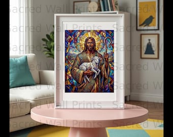 Good Shepherd Stained Glass Jesus Art Print | Christian Mosaic Wall Decor (Digital Download)