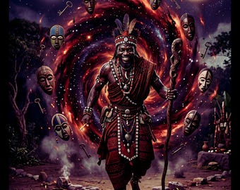 Eshu Tribal Shaman Print, Afrofuturism Mystical Figure, Cosmic Shrine Art (Digital Download)