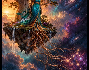 Afrofuturism Wall Art, Cosmic Black Goddess Baobab Tree of Life Canvas Print, Celestial African Mythology Poster, Surreal Fantasy Home Decor