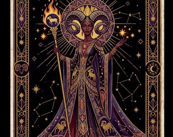 May include: A rectangular wall print featuring a central figure with ram horns, wearing a purple and gold gown. The figure holds a staff topped with a flaming ram emblem. The background is black with stars and constellations. Text reads ARIES and BORN READY.