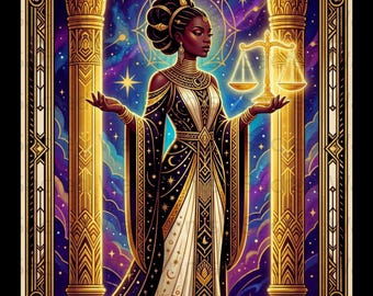 May include: A rectangular art print featuring a dark-skinned figure in a black and white gown standing between two golden pillars. The figure holds a golden scale. The background is a purple and blue starry sky. The text LIBRA and VIBES ONLY appear.
