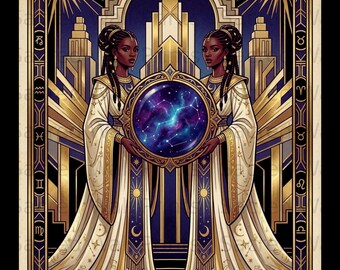 May include: A rectangular art print featuring the word GEMINI at the top and PLOT TWIST at the bottom. Two identical figures in cream and gold robes hold a glowing blue celestial orb. The background displays a dark blue and gold geometric city.