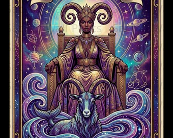 May include: A rectangular wall print featuring the text CAPRICORN at the top and WORK FIRST at the bottom. A central figure with ram horns sits on a throne, surrounded by planets and stars. A sea-goat creature emerges from swirling purple waves.