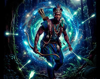 May include: A person wearing a blue and green patterned tunic and trousers with a brown leather vest, a quiver of arrows on their back, and a bow in their hand. They are surrounded by a glowing blue portal and several luminous flying arrows.