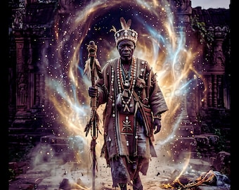 May include: A person wearing a textured brown tunic, a beaded necklace, and a feathered crown, holding a wooden staff. The figure stands before an ancient stone archway surrounded by a glowing, swirling light effect with golden and blue sparks.