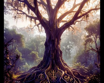 May include: A large, ancient tree with a thick, textured trunk and sprawling roots featuring intricate, glowing golden geometric symbols and patterns. The tree is set within a dense, misty forest with soft, warm light filtering through the branches.