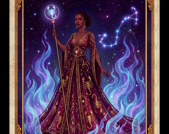 May include: A vertical rectangular print featuring a person in a deep red gown with gold scorpion patterns, holding a staff with a glowing scorpion orb. The background shows blue flames and the Scorpio constellation under the text SCORPIO and TRUST ISSUES.