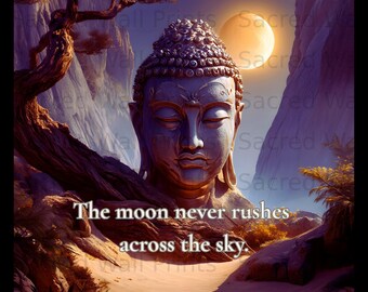 May include: A wall art print featuring a serene Buddha head sculpture centered between rocky cliffs and a gnarled tree under a glowing full moon. The text "The moon never rushes across the sky." is printed in white in the lower center of the image.