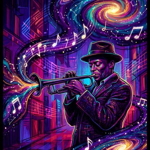 Może przedstawiać: Wibrująca cyfrowa ilustracja muzyka w kapeluszu typu fedora grającego na trąbce. Wirujące kosmiczne mgławice, galaktyki i świecące nuty wydobywają się z instrumentu na tle stylizowanej ulicy miejskiej w odcieniach fioletu i błękitu.