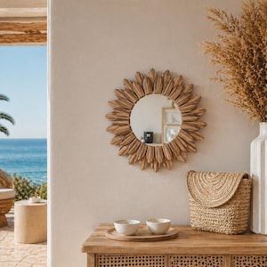 Boho Sunflower Wall Mirror, Wooden Decorative Mirror, Rustic Wood Frame Mirror, Bohemian Home Decor for Bedroom & Living Room