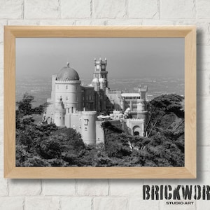 May include: Monochrome framed print of a castle with multiple towers and a domed roof, set against a hazy sky. The castle is surrounded by trees. The frame is light brown. The text "BRICKWORK STUDIO ART" is at the bottom.