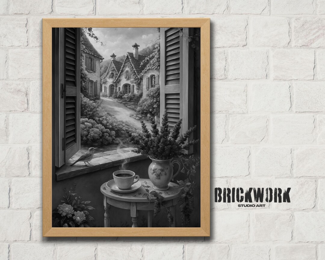 Window Scene Poster English Countryside Print, Black and White Village Artwork, Cozy Window ...