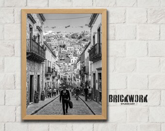 Impresión de una calle de Guanajuato, México, póster en blanco y negro de una ciudad colonial, arte mural de fotografía de viajes.