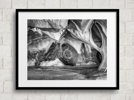 Patagonia, Vintage Marble Caves Chile Patagonia, Lake General Carrera Rock Formations and Natural Stone Patterns Black/White Fine Art Photography Print