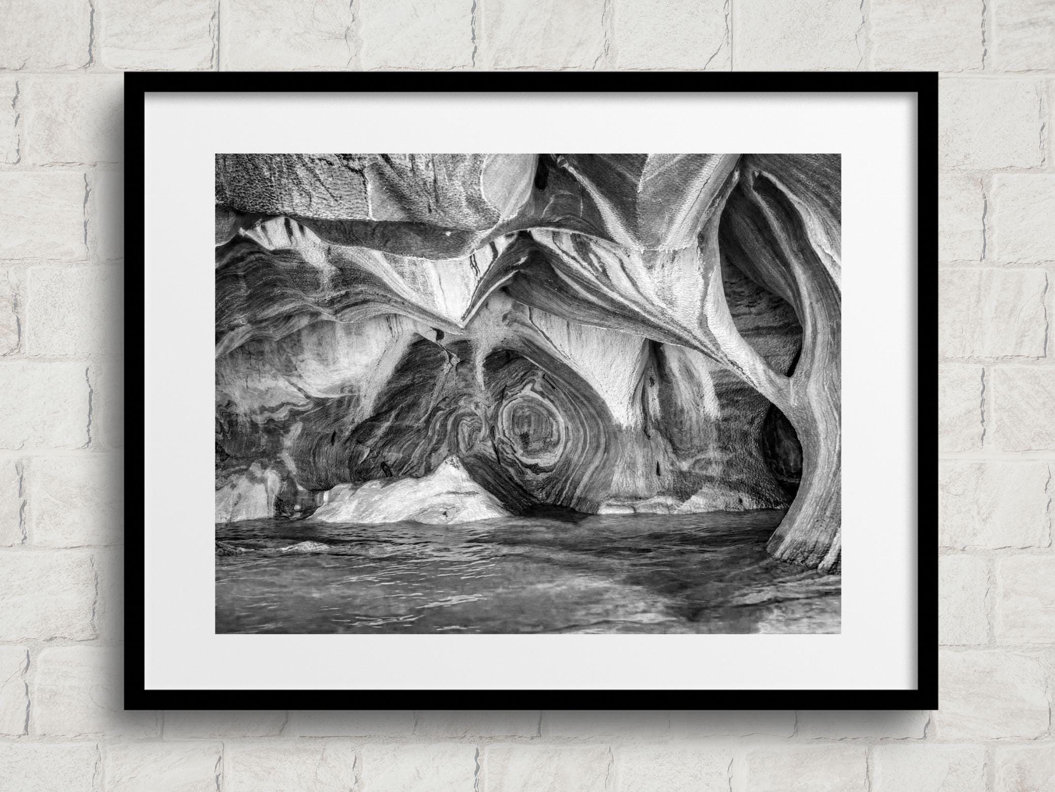Patagonia, Vintage Marble Caves Chile Patagonia, Lake General Carrera Rock Formations and Natural Stone Patterns Black/White Fine Art Photography Print