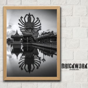 Wat Plai Laem Koh Samui Black and White Print, Multi-Armed Buddha Reflection Wall Art