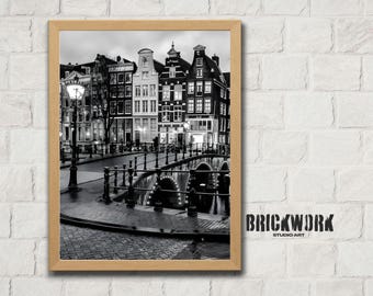 Amsterdamkanaltryck, svartvit stadsbildsväggkonst, europeisk resefotografidekor