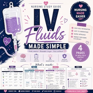 May include: A nursing study guide titled "IV Fluids Made Simple" with a purple and white color scheme. The guide includes information on IV fluids, nursing essentials, and NCLEX tips. The guide is designed for nursing students, new grads, and clinicals.